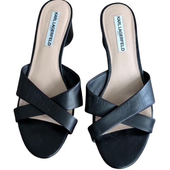 Karl Lagerfeld Fawn Leather Cross Strap Mule Sandals Size 10M Black EUC - Picture 8 of 9